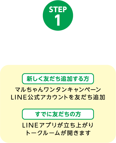 STEP1 LINEから応募する
                新しく友だち追加する方 マルちゃんワンタンキャンペーンLINE公式アカウントを友だち追加
                すでに友だちの方 LINEアプリが立ち上がりトークルームが開きます