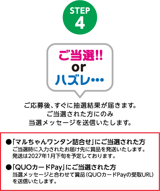 STEP4 ご当選！！
                or ハズレ・・・
                ご応募後、すぐに抽選結果が届きます。
                ご当選された方にのみ当選メッセージを送信いたします。
                ●「マルちゃんワンタン詰合せ」にご当選された方
                ご当選時に入力されたお届け先に賞品を発送いたします。発送は2027年1月下旬を予定しております。
                ●「QUOカードPay」にご当選された方
                当選メッセージと合わせて賞品（QUOカードPayの受取URL）を送信いたします。