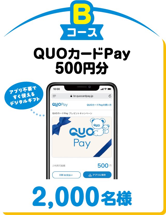 Bコース：QUOカードPay(アプリ不要ですぐ使えるデジタルギフト)500円分
               2,000名様