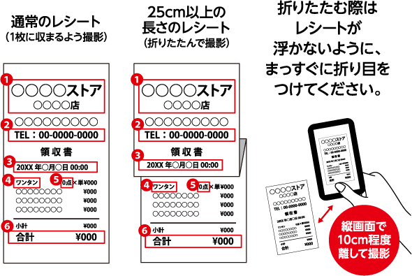 通常のレシート（1枚に収まるよう撮影）、25cm以上の長さのレシート（折りたたんで撮影）、折りたたむ際はレシートが浮かないように、まっすぐに折り目をつけてください。＜縦画面で10cm程度離して撮影＞